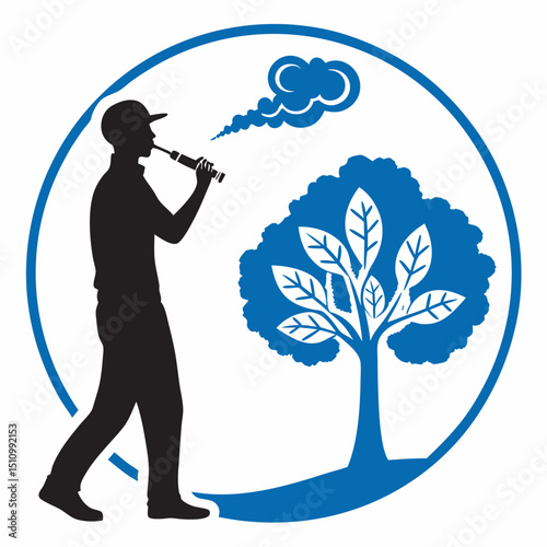 Vaping permitted outdoors. Man vaping while walking near a blue tree and cloud in a circular frame