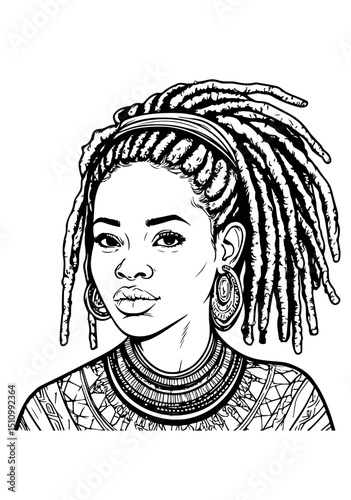 African Black Woman Coloring Page.Coloring Pages For Adults.Afro girl silhouette vector contour drawing.Beautiful female dreads illustration.Print.Stencil cricut plotter laser cut.Poster.Wall Sticker