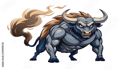 Powerful muscular bull with fiery tail illustration