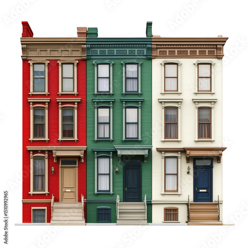 Three colorful townhouses isolated on transparent background