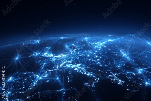Europe's telecommunication network connects France, Germany, the UK, Italy, and other regions, focusing on internet and global communication technology for various applications, including finance,
