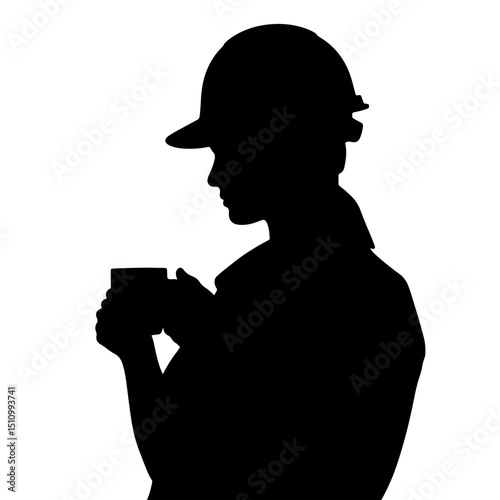 Silhouette of a worker wearing a safety helmet, holding a coffee cup, reflecting on a break in an industrial setting against a plain white background, concept of construction or oil & gas industry