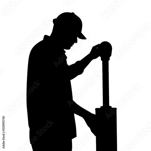 Silhouette of a male oil and gas worker inspecting equipment with focused expression against a plain white background, industrial concept of engineering or energy services