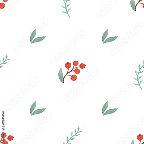 Seamless Watercolor Pattern with Red Berries and Green Leaves on White Background