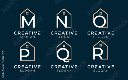 Set of Letters M N O P Q R with house logo design templates. Modern isolated Initials with house symbols for real estate and architecture