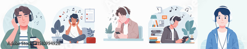 vector of a young man listening to music