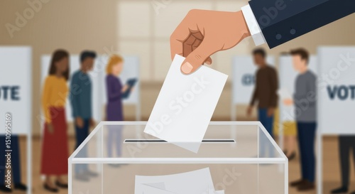 A hand drops an empty ballot into a transparent box as people wait to vote in the background