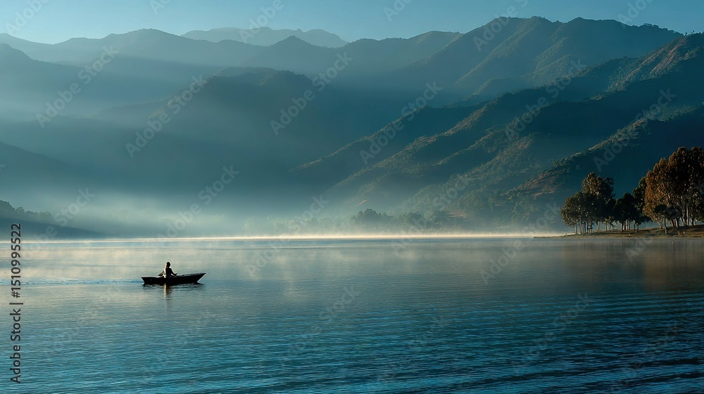 Fototapeta premium Person in small boat amidst large water body, surrounded by mountains, with foggy air