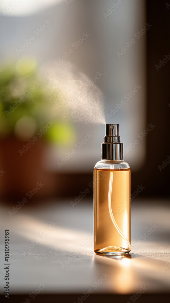 Naklejka premium Facial mist device spraying in front of mirror for skincare and relaxation