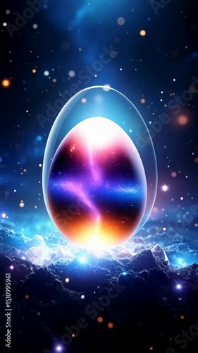 A celestial egg encased in glass shows the universe and sits atop a dark, mountainous terrain glowing with ethereal light.