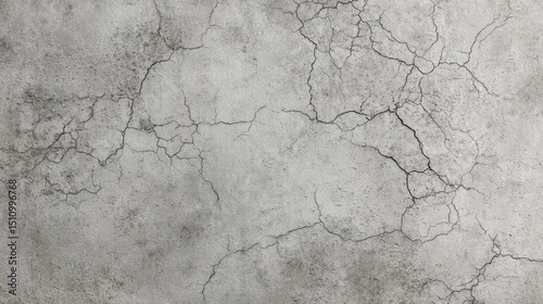 Weathered concrete wall revealing extensive cracking, displaying textural details and structural stress, perfect for industrial or grunge design backgrounds