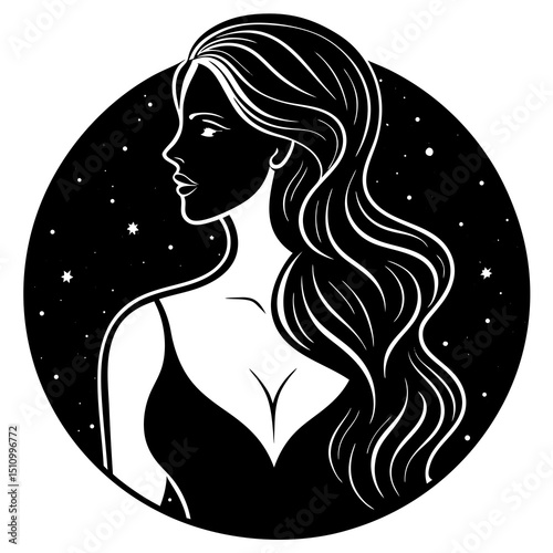 Celestial Silhouette: An elegant silhouette of a woman gazes pensively towards the starlit cosmos. Her flowing locks cascade gracefully, evoking a sense of mystery and allure.