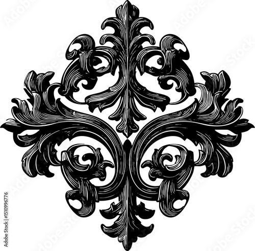 A black and white, highly ornate baroque or Rococo style symmetrical floral scrollwork design, with intricate curls, leaves, and a central decorative element, rendered with detailed texture