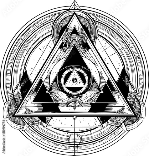 A black and white highly detailed and complex illustration featuring multiple overlapping triangles and circles, with an all-seeing eye motif at the top, surrounded by intricate geometric and symbol
