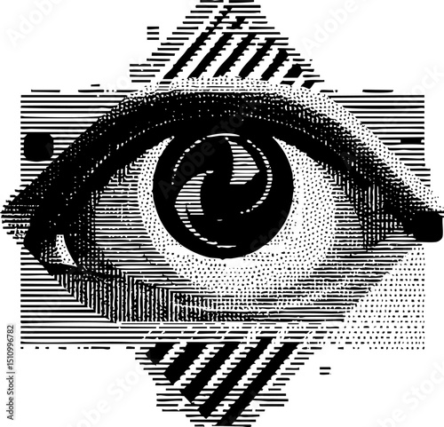 A black and white, highly stylized illustration of a human eye with a distorted pupil and a glitchy, pixelated, or horizontal line pattern background.