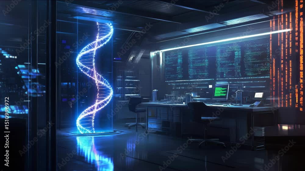 A computer lab with a blue DNA strand in the middle. There are several computer monitors and a keyboard