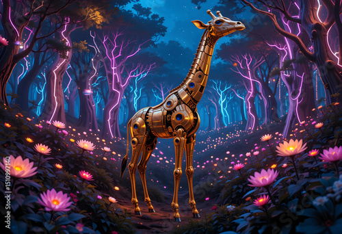 A golden mechanical giraffe with geared hind legs, grazing electric flowers in a neon forest at night. Its eyes are glowing blue cameras.
