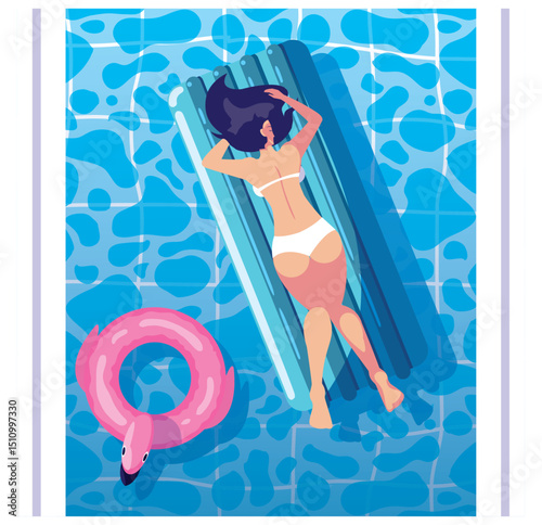 Vector Illustration: Woman Floating on Inflatable Mattress with Flamingo Float in a Pool
