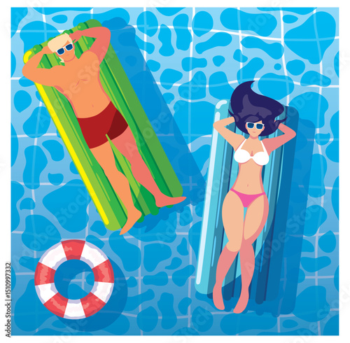 Vector Illustration: Couple Relaxing on Floats in a Swimming Pool