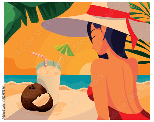Vector Illustration: Woman at Beach with Coconut Drink and Sunset