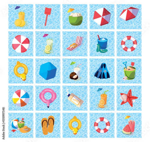 Extensive Vector Illustration Compilation of Summer Beach Vacation Elements in a Structured Grid Layout