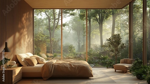 Fototapeta Naklejka Na Ścianę i Meble -  Modern bedroom with a view of a misty forest