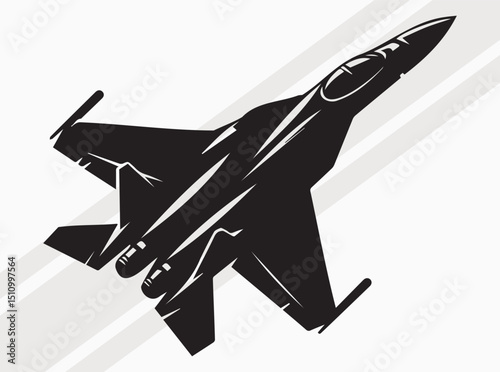 Fighter Jet in Motion with Speed Lines Silhouette Illustration, Battleship Silhouette Illustration with Heavy Artillery Black Vector Silhouette