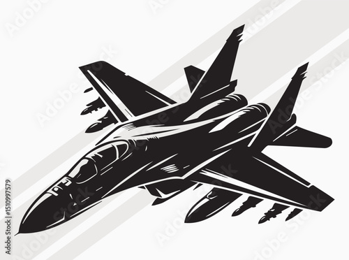 Fighter Jet in Motion with Speed Lines Silhouette Illustration, Battleship Silhouette Illustration with Heavy Artillery Black Vector Silhouette