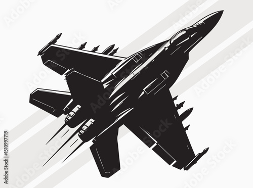 Fighter Jet in Motion with Speed Lines Silhouette Illustration, Battleship Silhouette Illustration with Heavy Artillery Black Vector Silhouette