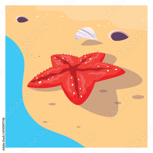Vibrant Vector Illustration of a Red Starfish on a Sandy Beach with Seashells and Blue Water