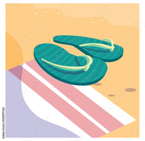 Vibrant Vector Illustration of Green Flip-Flops on a Striped Beach Towel Lying on the Sand