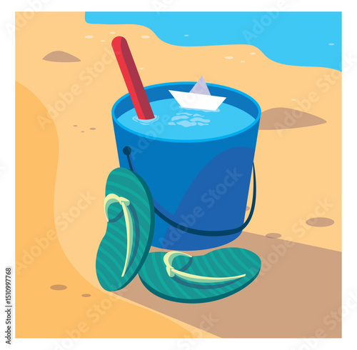 Vibrant Vector Illustration of a Beach Scene with a Blue Bucket Filled with Water, a Paper Boat, a Red Shovel, and Green Flip-Flops on Sandy Ground