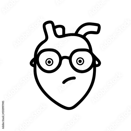 Cartoon heart character wearing glasses with a puzzled expression, icon, vector  