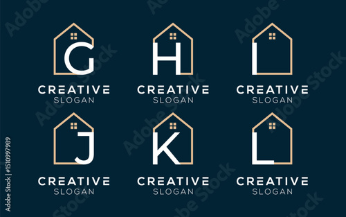 Set of Letters G H I J K L with house logo design templates. Modern isolated Initials with house symbols for real estate and architecture