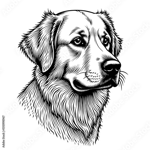 A detailed ink drawing of a Golden Retriever's noble head, showcasing the breed's gentle eyes and fluffy coat, drawn with intricate lines, evoking a sense of calm.