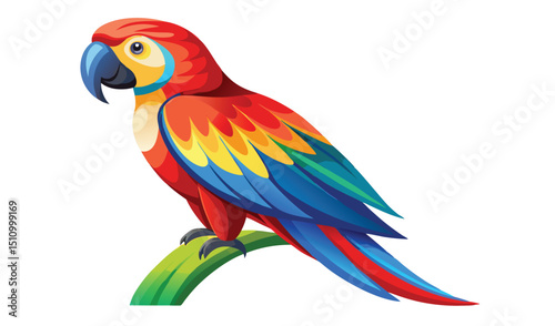Vibrant scarlet macaw perched on green branch