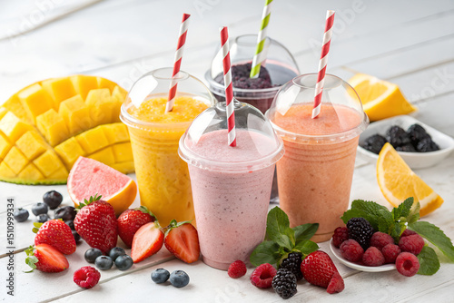Four refreshing fruit smoothies in clear plastic cups with fresh fruit on a white wooden table