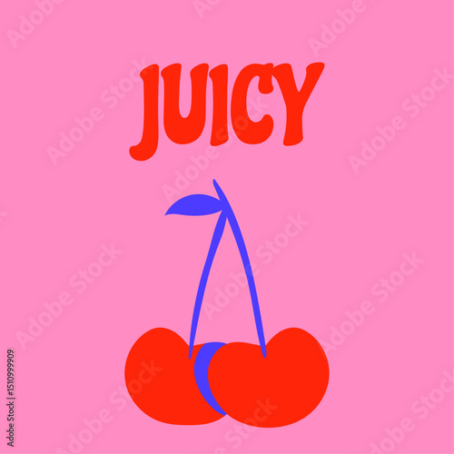 Cherry print wth text: Juicy. Hand drawn colorful romantic print, pattern for textile, wrapping, packaging. Vector Illustration in vintage style.
