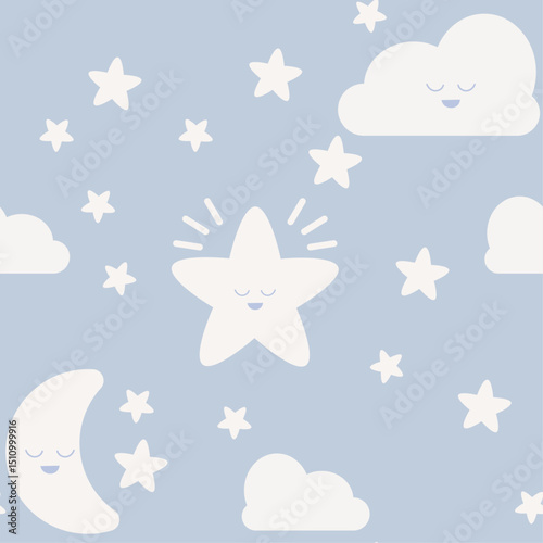 Vector seamless pattern with cute sleeping star, moon and cloud. Good night children's, scandinavian nursery print in soft pastel blue color.
