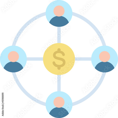Connected people sharing a dollar coin in a network, symbolizing financial collaboration and teamwork in a modern business environment.