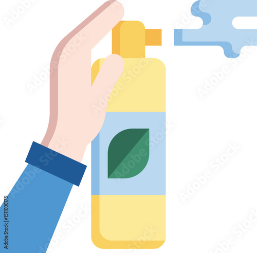 Hand spraying disinfectant from yellow bottle to sanitize surface, promoting hygiene and cleanliness in a simple, clean style.