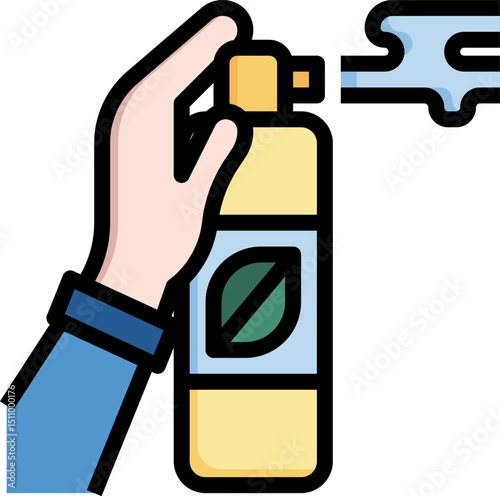 Hand spraying organic pesticide from yellow bottle onto plant in garden to protect from insects, showing ecofriendly approach to pest control.