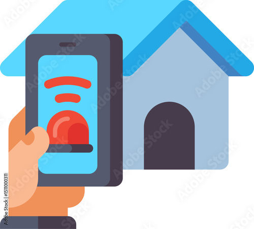 Hand holding smartphone controls home security system with alarm siren and wifi signal, indicating safety and modern technology.