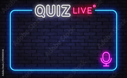 Neon quiz live frame with microphone icon on dark brick wall background, glowing blue outline for live trivia show design