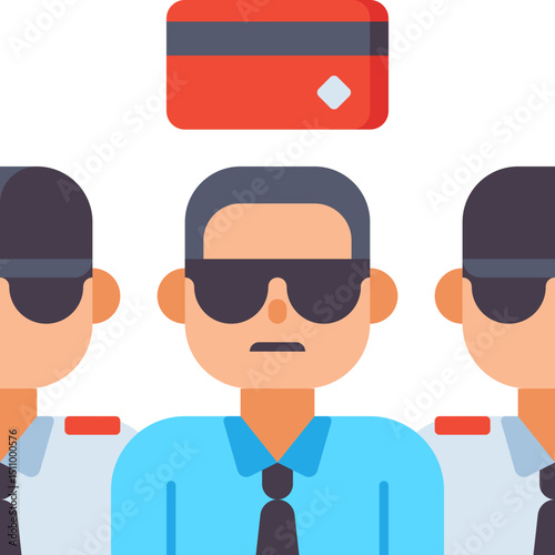 Security guards protect credit card information with serious expressions in a modern digital age, emphasizing data protection and financial safety.