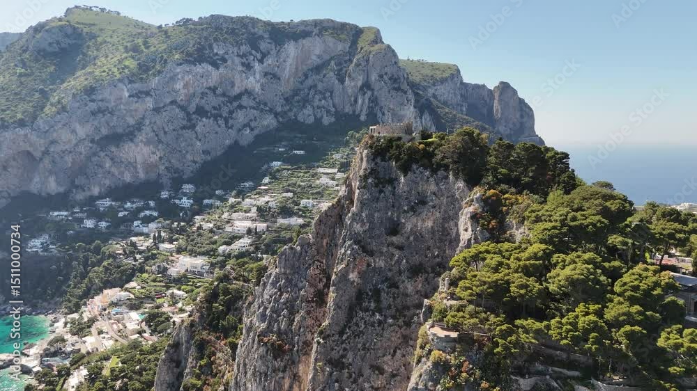 Flight over Capri Island in the Tyrrhenian Sea, Campania, Italy Flight over Capri Island in the Tyrrhenian Sea, Campania, Italy