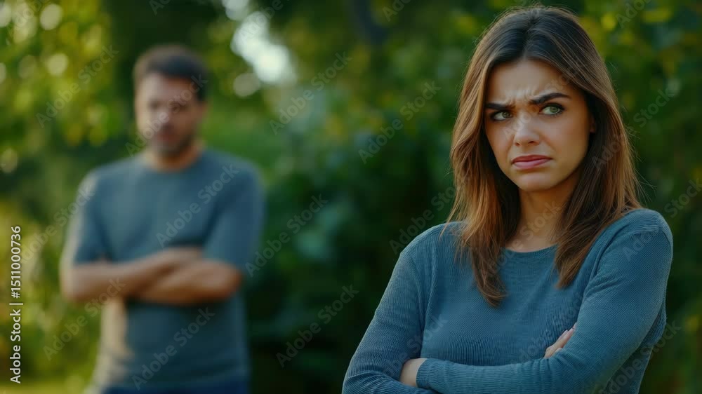 A woman with her arms crossed and a man looking at her. The woman is frowning and the man is looking away A woman with her arms crossed and a man looking at her. The woman is frowning and the man is looking away