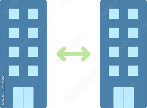 Two buildings connect with an arrow in a simple business transaction, symbolizing partnership and growth in a modern corporate environment.