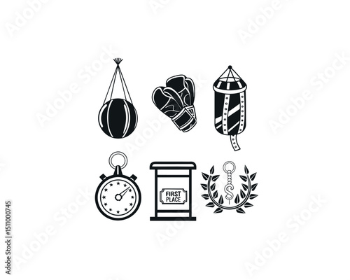 Boxing Championship Icons Set Gloves, Punching Bags, Stopwatch, and Award