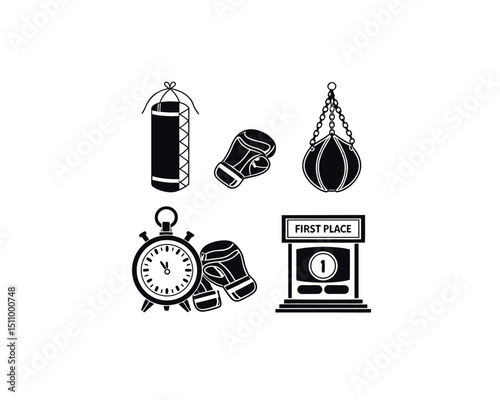 Boxing Equipment Icons Gloves, Punching Bags, Timer, Winner Podium